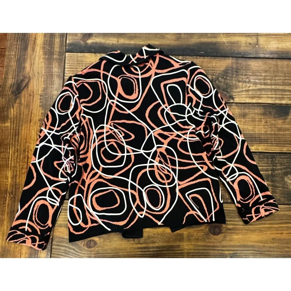 Ming Wang Cardigan Jacket Black Coral White Abstract Swirl Full Zip Knit XL